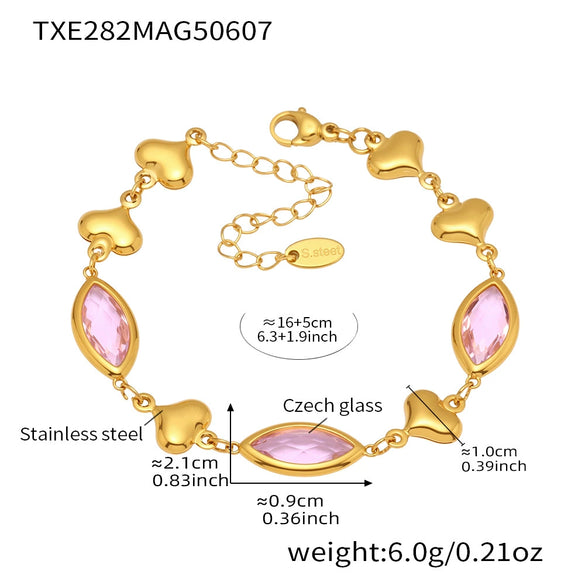 Wholesale Women's Fashion Geometric 316L Stainless Steel Electroplated Faceted Czech Glass Heart Splicing Jewelry Bracelet