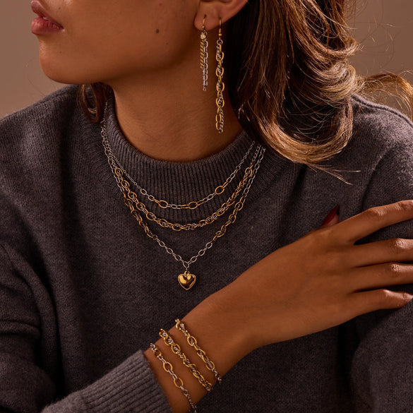 Wholesale Women's Fashion Geometric Stainless Steel Electroplated 18K Gold And Silver Color Matching Necklaces And Earrings
