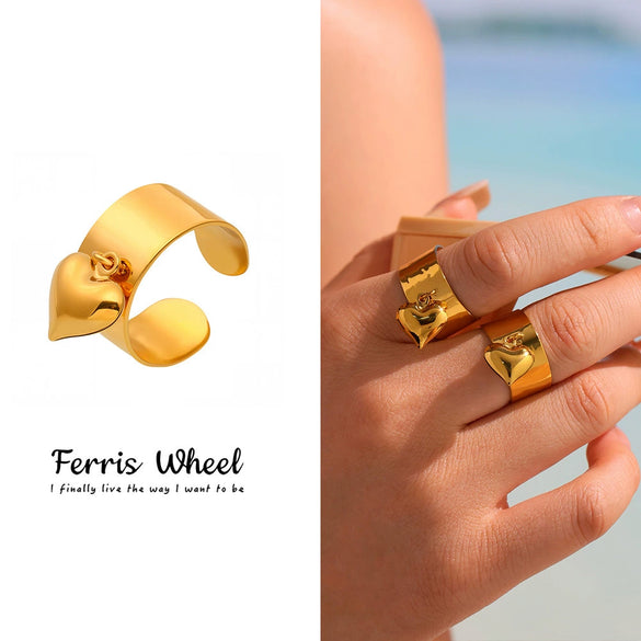 Wholesale Women's Fashion Geometric Stainless Steel Electroplated 18K Gold Ferris Wheel Small Heart Open Index Finger Ring