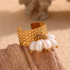 Wholesale Women's Fashion Geometric Stainless Steel Electroplated 18K Gold Pearl Tassel Hammer Pattern Opening Bracelet Ring