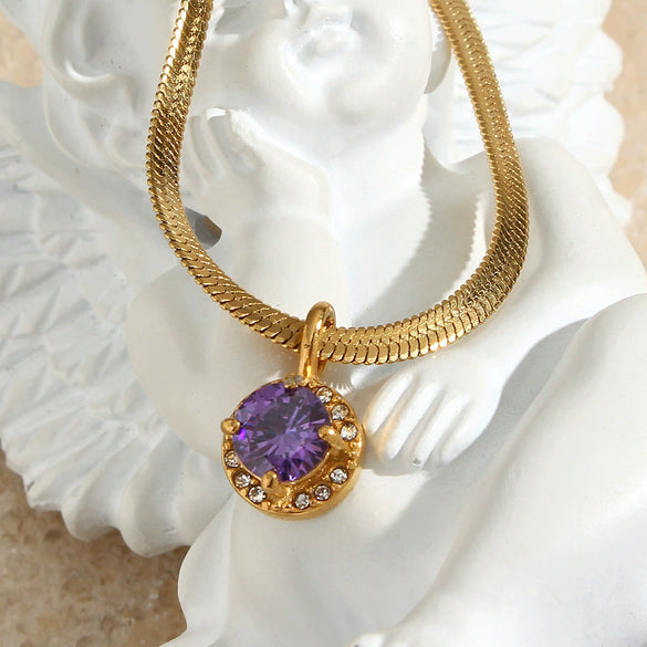 Wholesale Women's Fashion Geometric Stainless Steel Electroplated Round Zircon Pendant Necklace With Conventional Chain