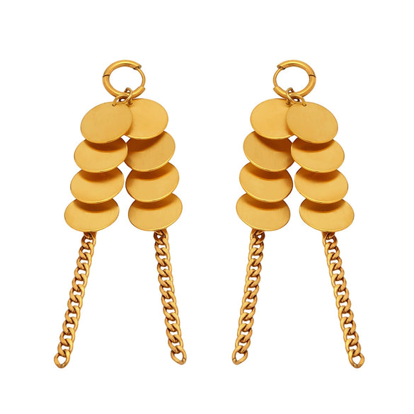 Wholesale Women's Fashion Geometric 316L Stainless Steel 18K Gold Plated Wafer Chain Tassel Earrings
