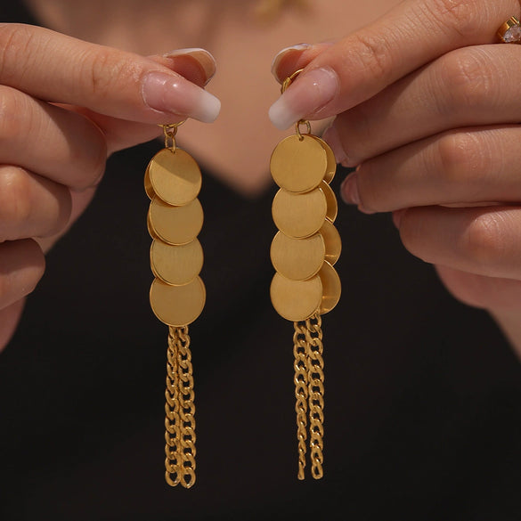 Wholesale Women's Fashion Geometric 316L Stainless Steel 18K Gold Plated Wafer Chain Tassel Earrings