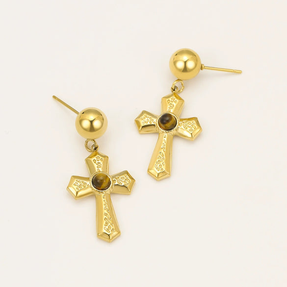 Wholesale Women's Fashion Geometric Stainless Steel Natural Stone Cross Earrings With Electroplating