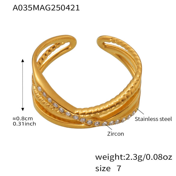 Wholesale Women's Fashion Geometric Stainless Steel Three Layer Opening Adjustable Ring With 18K Real Gold Vacuum Plating