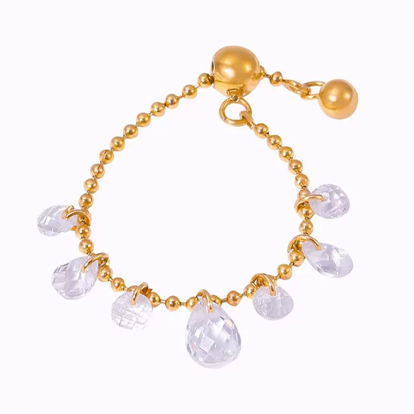 Wholesale Women's Fashion Geometric Tassel Crystal Stone Pendant Titanium Steel Electroplated Pullout Ring Hand Jewelry