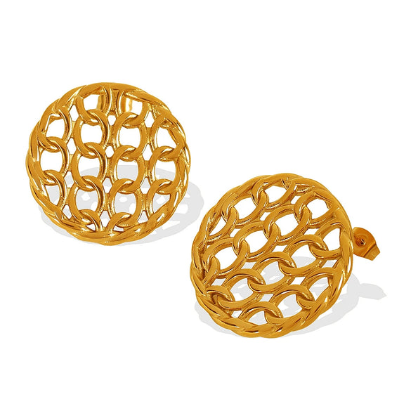 Wholesale Women's Fashion Geometric 316L Stainless Steel Gold Plated Chain Stitching Disc Mesh Hollow Earrings