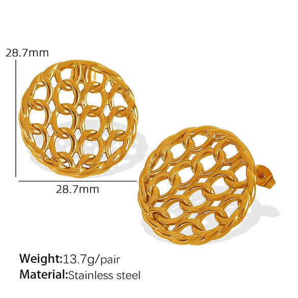 Wholesale Women's Fashion Geometric 316L Stainless Steel Gold Plated Chain Stitching Disc Mesh Hollow Earrings