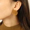 Wholesale Women's Fashion Geometric 316L Stainless Steel Gold Plated Chain Stitching Disc Mesh Hollow Earrings