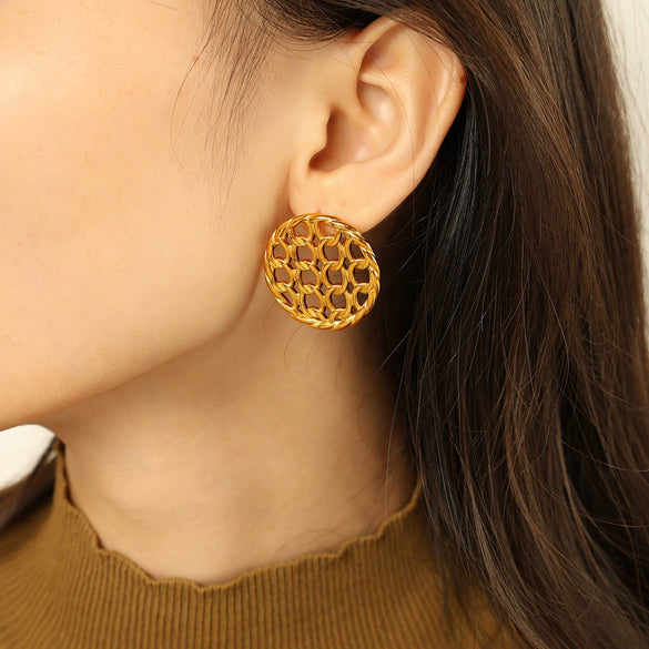 Wholesale Women's Fashion Geometric 316L Stainless Steel Gold Plated Chain Stitching Disc Mesh Hollow Earrings