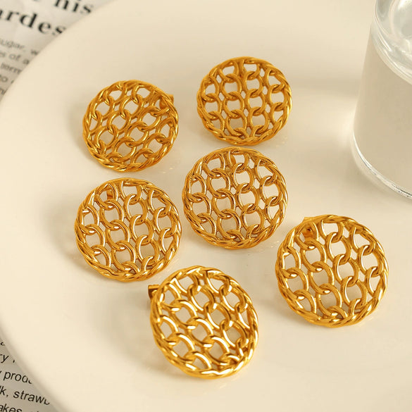 Wholesale Women's Fashion Geometric 316L Stainless Steel Gold Plated Chain Stitching Disc Mesh Hollow Earrings