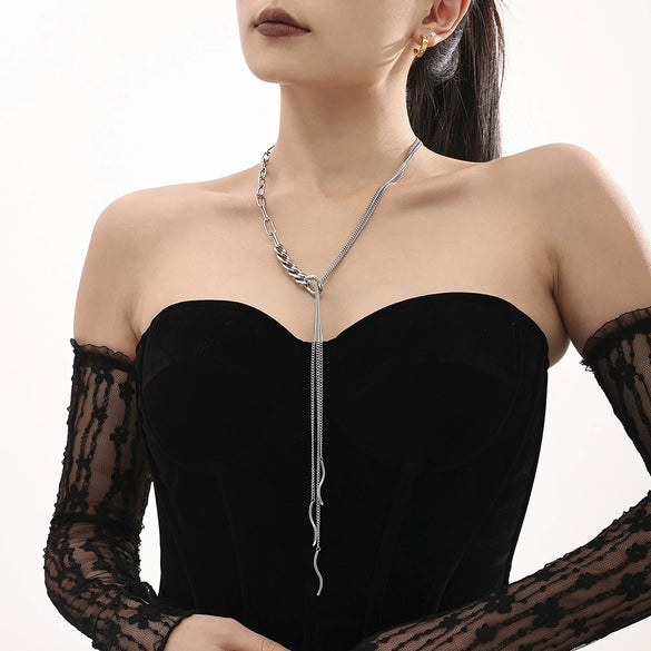 Wholesale Women's Fashion Geometric Woolen Multilayer Tassel Curved Strip Stacked Long Necklace Stainless Steel 18K Gold Plated