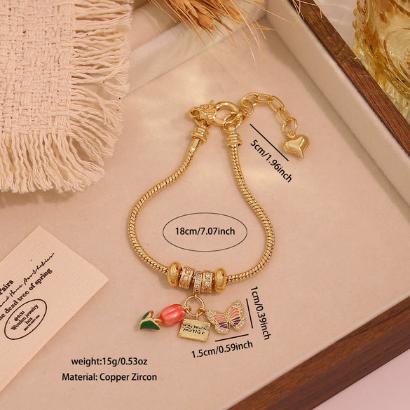 Wholesale Women's Fashion Gold Plated Copper Flower Butterfly Pendant Bracelet With Real Gold Plating