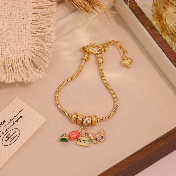 Wholesale Women's Fashion Gold Plated Copper Flower Butterfly Pendant Bracelet With Real Gold Plating
