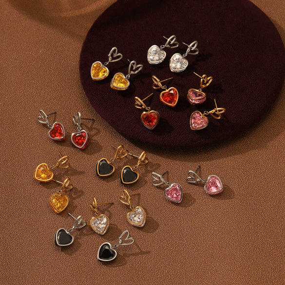 Wholesale Women's Fashion Heart Shape Zircon 18K Gold Plated Stainless Steel Earrings