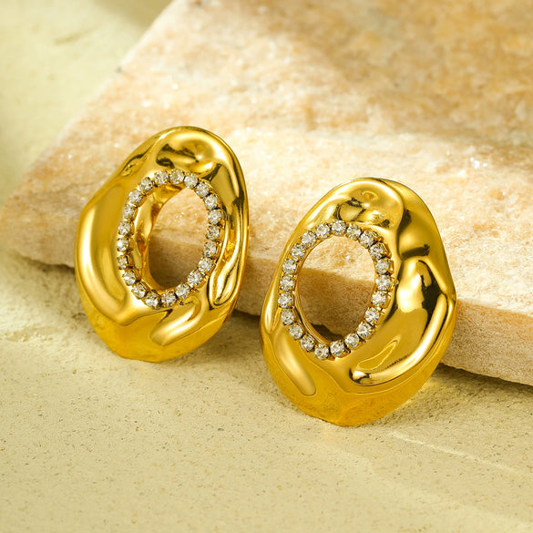 Wholesale Women's Fashion Highend Stainless Steel 18K Gold Electroplated Geometric Hollow Zircon Earrings