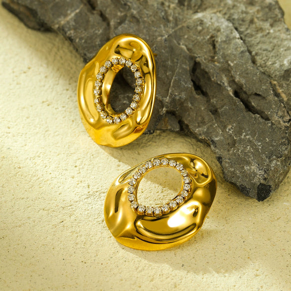 Wholesale Women's Fashion Highend Stainless Steel 18K Gold Electroplated Geometric Hollow Zircon Earrings