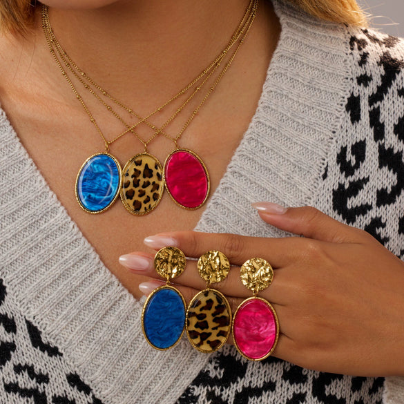 Wholesale Women's Fashion Jewelry Stainless Steel Geometric Leopard Print Electroplated Pendant Necklace And Earrings