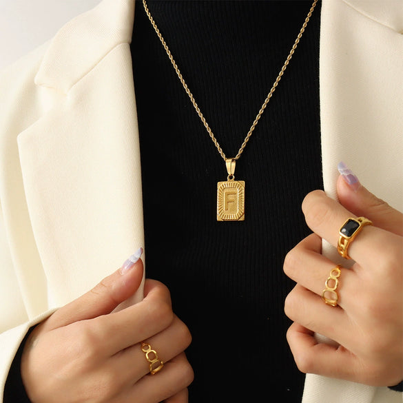 Wholesale Women's Fashion Jewelry Titanium Steel Ferris Wheel Design 18K Gold Plated Square Pendant Clavicle Chain With Letter And Number Patterns