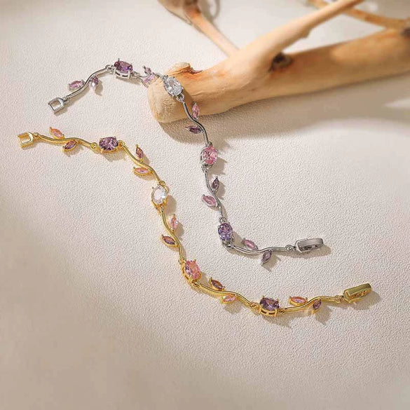 Wholesale Women's Fashion Light Luxury Copper Bracelet Inlaid With Zirconia Featuring Leaf And Flower Patterns