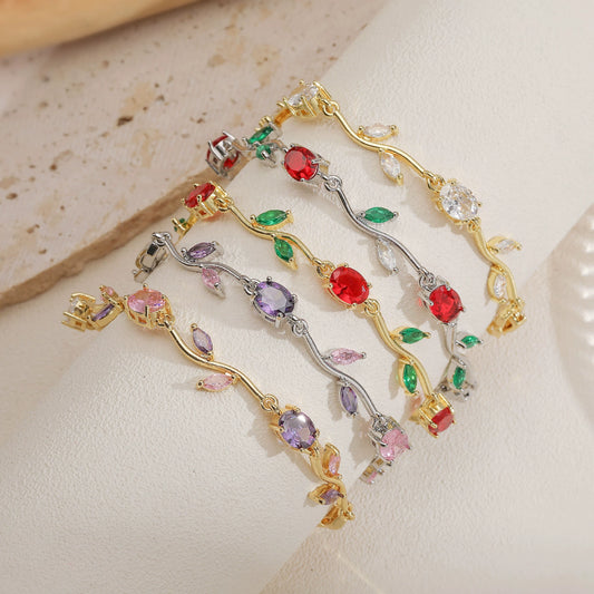 Wholesale Women's Fashion Light Luxury Copper Bracelet Inlaid With Zirconia Featuring Leaf And Flower Patterns