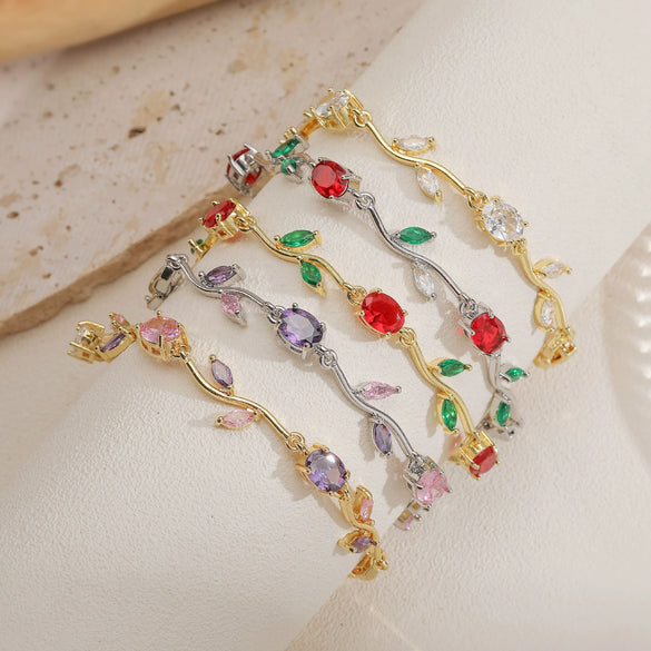 Wholesale Women's Fashion Light Luxury Copper Bracelet Inlaid With Zirconia Featuring Leaf And Flower Patterns