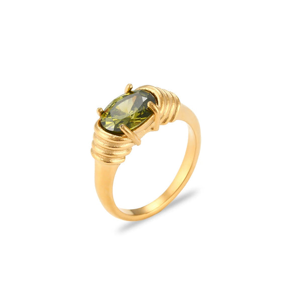 Wholesale Women's Fashion Light Luxury Elegant Stainless Steel Waterproof Ring With Winding Geometric Pattern And Oval Zircon Electroplated