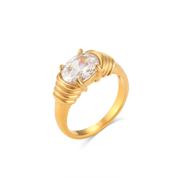 Wholesale Women's Fashion Light Luxury Elegant Stainless Steel Waterproof Ring With Winding Geometric Pattern And Oval Zircon Electroplated