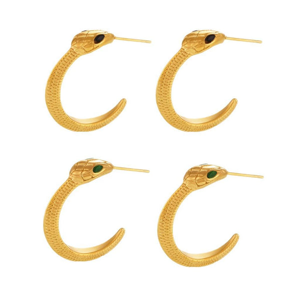 Wholesale Women's Fashion Light Luxury Geometric Cshaped Green Eye Snake Stainless Steel And Green Zirconia Earrings With 18K Gold Plated Electroplating
