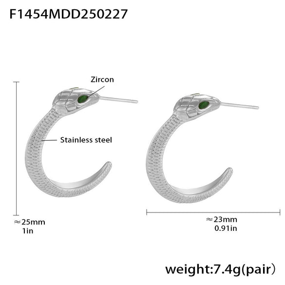 Wholesale Women's Fashion Light Luxury Geometric Cshaped Green Eye Snake Stainless Steel And Green Zirconia Earrings With 18K Gold Plated Electroplating