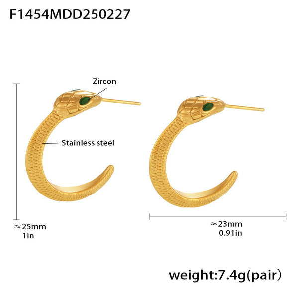 Wholesale Women's Fashion Light Luxury Geometric Cshaped Green Eye Snake Stainless Steel And Green Zirconia Earrings With 18K Gold Plated Electroplating