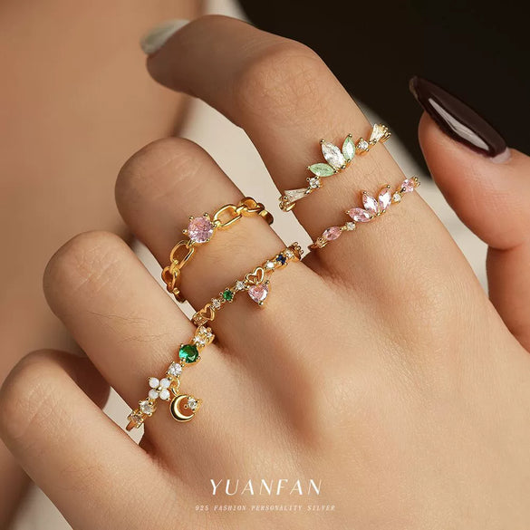 Wholesale Women's Fashion Light Luxury S925 Sterling Silver Flower And Star Shaped Ring With Zirconia And Heart Pattern Jewelry