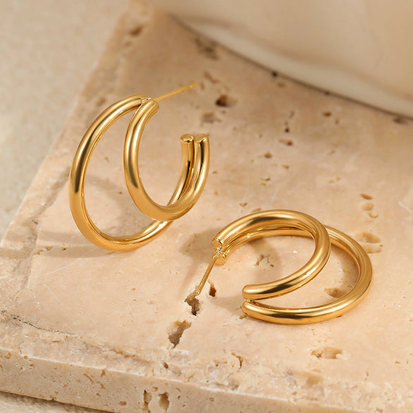 Wholesale Women's Fashion Minimalist Cool Style Doublelayer Cshaped Stainless Steel And 18K Electroplated Geometric Earrings