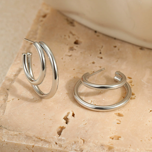 Wholesale Women's Fashion Minimalist Cool Style Doublelayer Cshaped Stainless Steel And 18K Electroplated Geometric Earrings