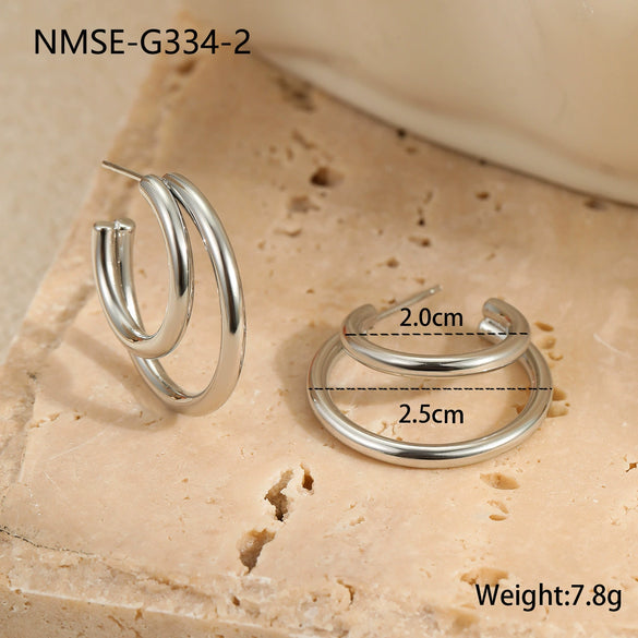 Wholesale Women's Fashion Minimalist Cool Style Doublelayer Cshaped Stainless Steel And 18K Electroplated Geometric Earrings