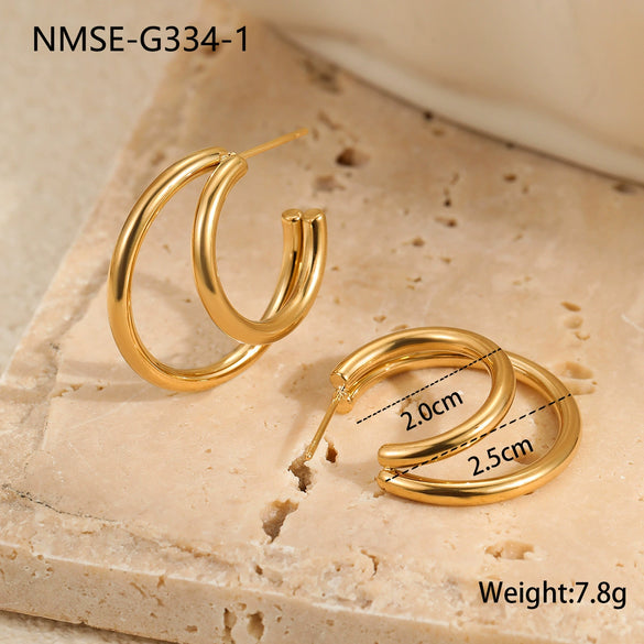 Wholesale Women's Fashion Minimalist Cool Style Doublelayer Cshaped Stainless Steel And 18K Electroplated Geometric Earrings