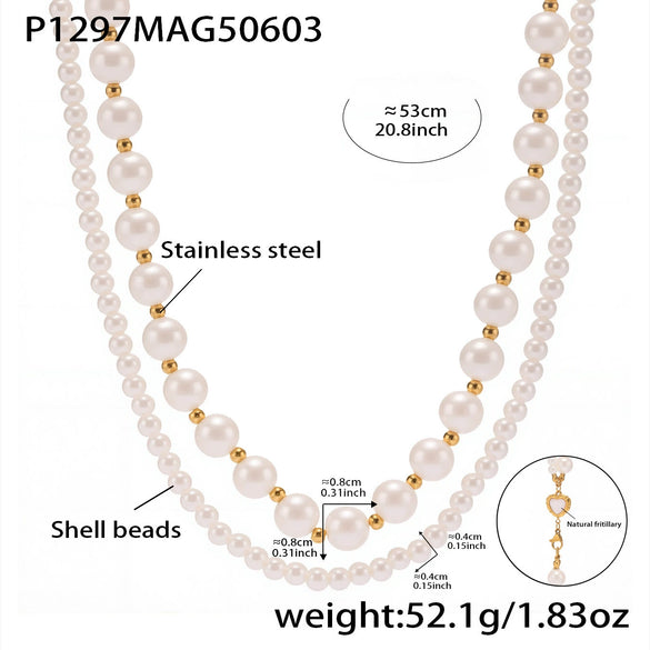 Wholesale Women's Fashion Minimalist Electroplated Natural Motherofpearl Imitation Pearl Doublelayer Stacked Ferris Wheel Heart Necklace With Stainless Steel And Titanium Steel