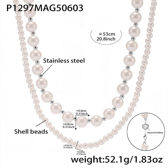 Wholesale Women's Fashion Minimalist Electroplated Natural Motherofpearl Imitation Pearl Doublelayer Stacked Ferris Wheel Heart Necklace With Stainless Steel And Titanium Steel