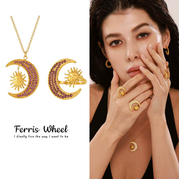 Wholesale Women's Fashion Minimalist Ferris Wheel Sun Moon Glow Inlaid Zircon Titanium Steel Electroplated Jewelry Set Including Ring And Necklace With Earrings