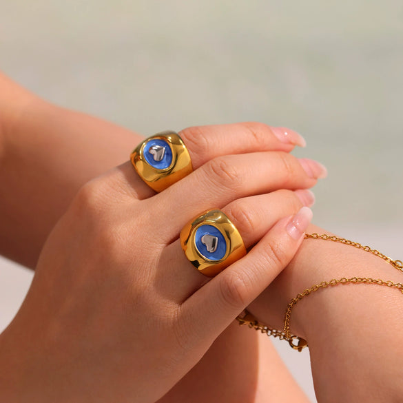 Wholesale Women's Fashion Minimalist Geometric Heart Enamel Ring Stainless Steel 18K Gold Plated Jewelry