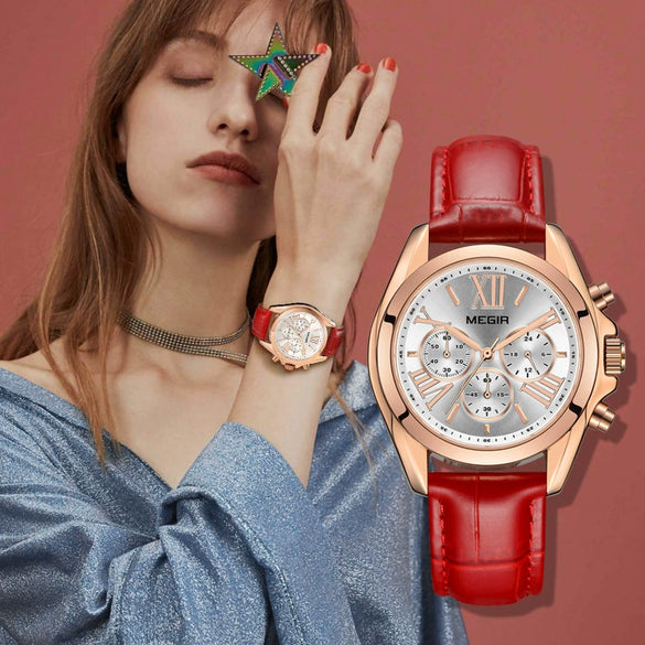 Wholesale Women's Fashion Multifunction Calendar Chronograph Alloy Case Genuine Leather Strap Quartz Watch With Round Dial