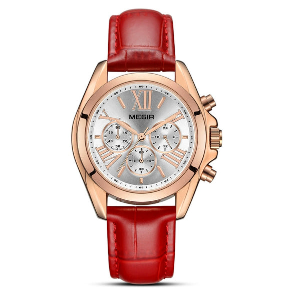 Wholesale Women's Fashion Multifunction Calendar Chronograph Alloy Case Genuine Leather Strap Quartz Watch With Round Dial