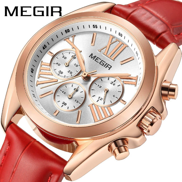 Wholesale Women's Fashion Multifunction Calendar Chronograph Alloy Case Genuine Leather Strap Quartz Watch With Round Dial