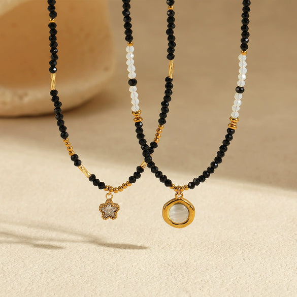Wholesale Women's Fashion Natural Stone Necklace With Stainless Steel Star Pendant And Geometric Pattern Electroplated