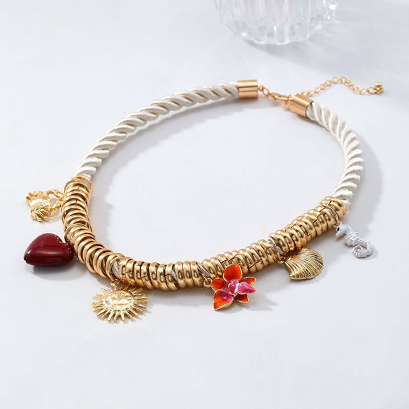 Wholesale Women's Fashion Necklace Zinc Alloy Mixed Gemstone Setting Flower Pattern Electroplating Crab Heart Shell Seahorse Design