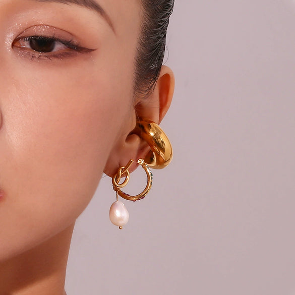 Wholesale Women's Fashion Niche Temperament Earrings Stainless Steel 18K Gold Plated With Knotted Button Freshwater Pearl Geometric Design Electroplated