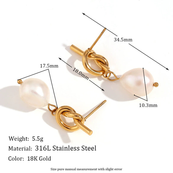 Wholesale Women's Fashion Niche Temperament Earrings Stainless Steel 18K Gold Plated With Knotted Button Freshwater Pearl Geometric Design Electroplated