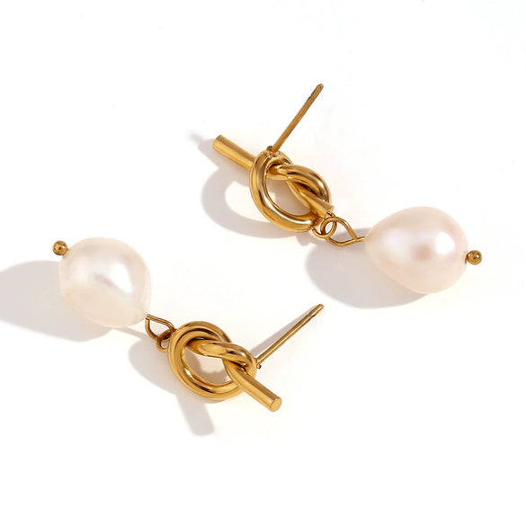 Wholesale Women's Fashion Niche Temperament Earrings Stainless Steel 18K Gold Plated With Knotted Button Freshwater Pearl Geometric Design Electroplated