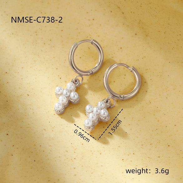 Wholesale Women's Fashion Ol Geometric Pearl Zircon Stainless Steel 18K Electroplated Earrings