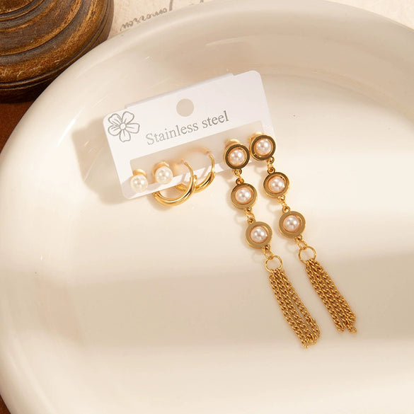 Wholesale Women's Fashion Ol Geometric Titanium Steel Pearl Tassel Ear Studs Gold Plated Earrings 3Piece Set